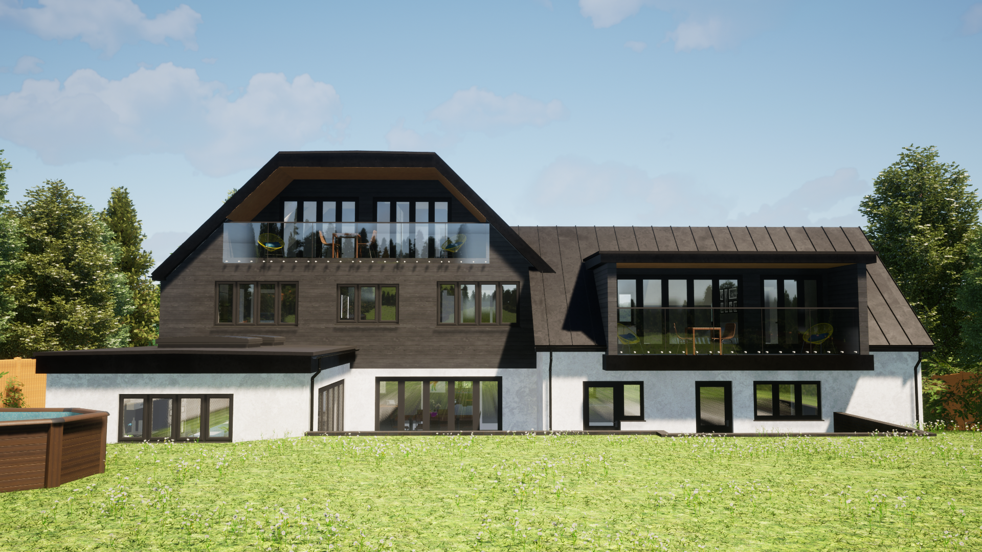 CGI render of a contemporary new build with cladding and balconies